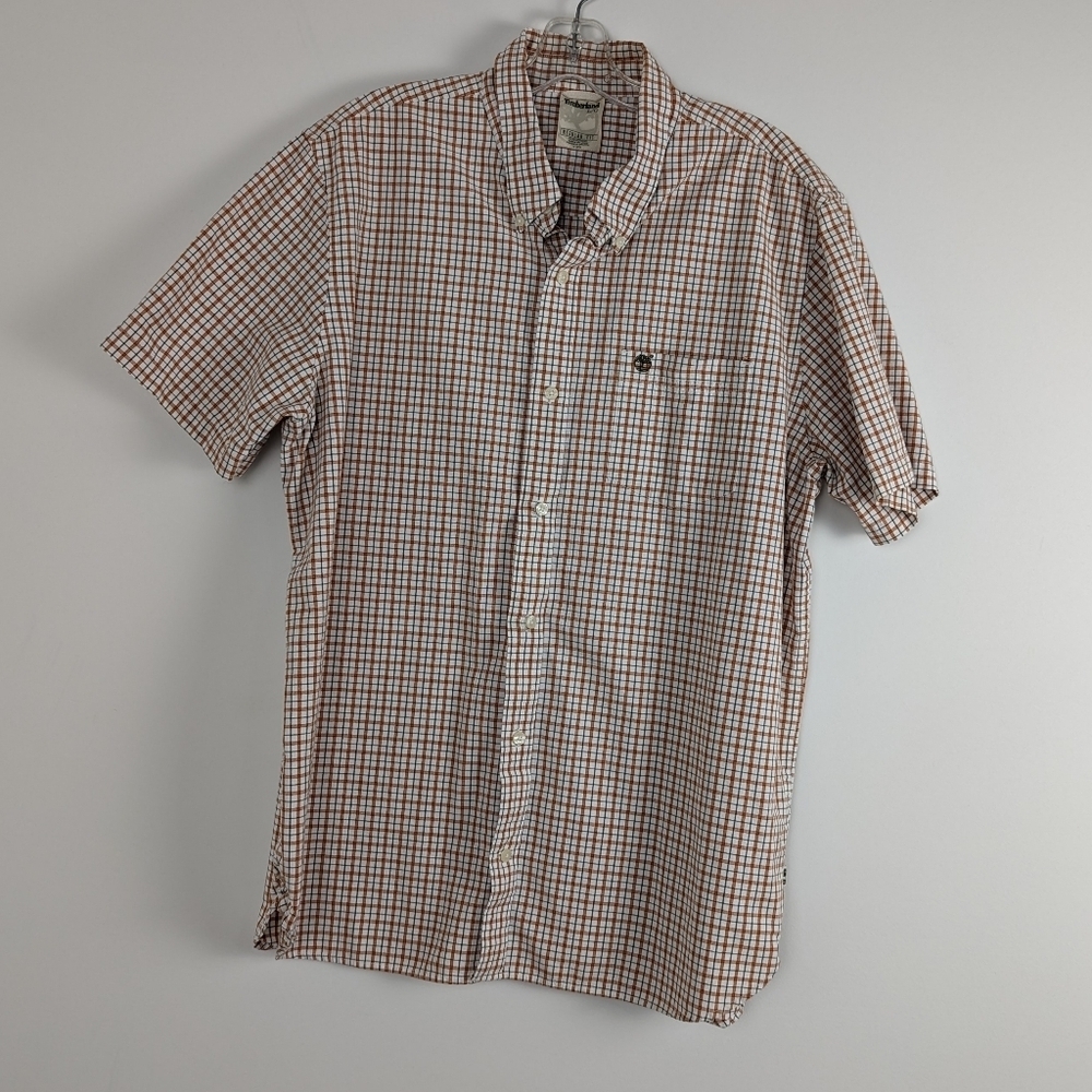 Timberland Men's Checked Short-Sleeve Shirt - Brown & White, Regular Fit, Size L